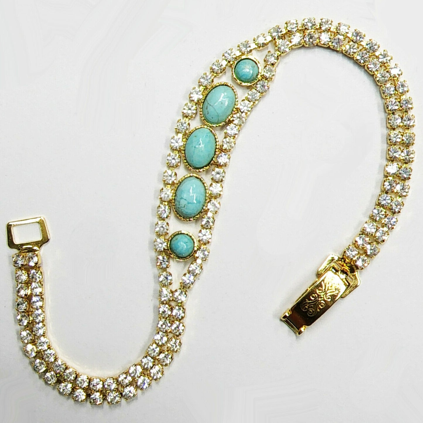 53650- Rare NATURAL Australian Turquoise in Swarovsli Rhinestone Chain Bracelet