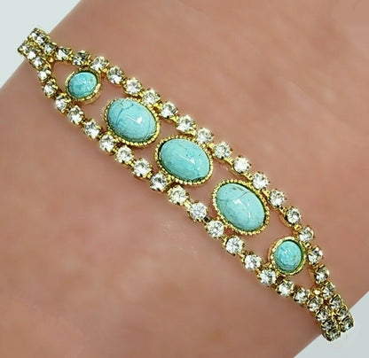 53650- Rare NATURAL Australian Turquoise in Swarovsli Rhinestone Chain Bracelet