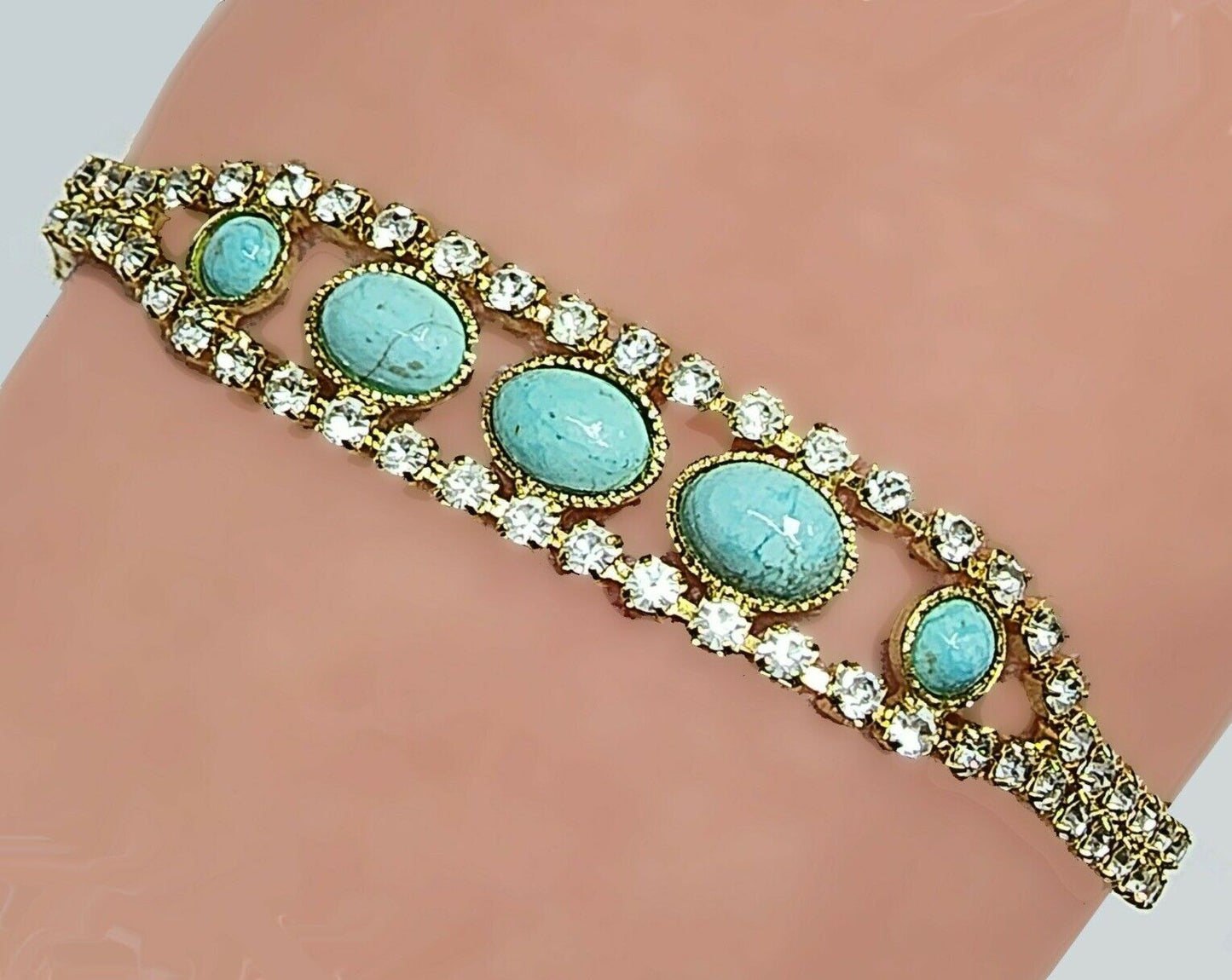 53650- Rare NATURAL Australian Turquoise in Swarovsli Rhinestone Chain Bracelet