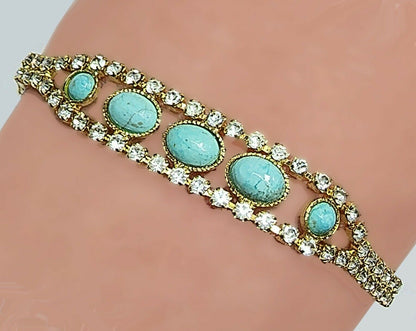 53650- Rare NATURAL Australian Turquoise in Swarovsli Rhinestone Chain Bracelet