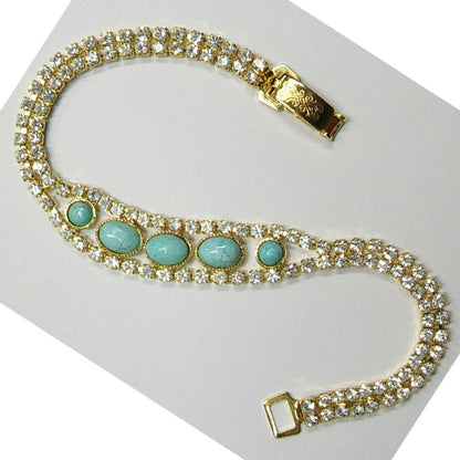 53650- Rare NATURAL Australian Turquoise in Swarovsli Rhinestone Chain Bracelet