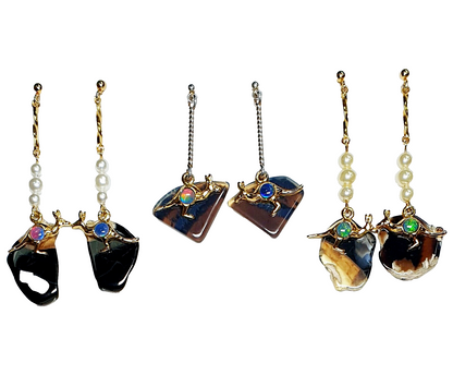 52246 - 3 Silver Drop Earrings with Opal Triplet, Pearls and Natural Black Opal