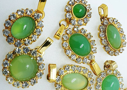 52049 - 10 Gold Plated Pendants Natural Australian Chrysoprase and Rhinestones