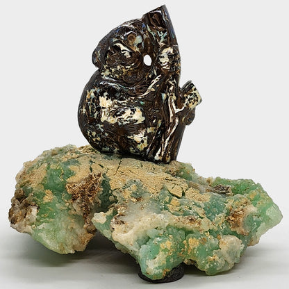 03896.0 - Australian Boulder Opal Carving of Koala mounted on Rough Chrysoprase