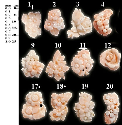 54102.0 - Taiwan Natural Pink Coral Carvings Harvested from the Sea Flowers roses Each about 2.4 - 2.9 gram 12 - 14 carats Some are drilled
