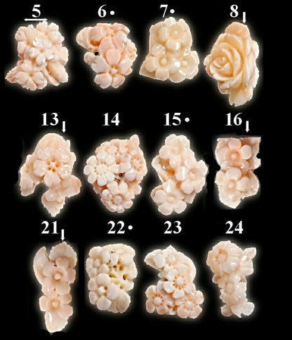 54102.0 - Taiwan Natural Pink Coral Carvings Harvested from the Sea Flowers roses Each about 2.4 - 2.9 gram 12 - 14 carats Some are drilled