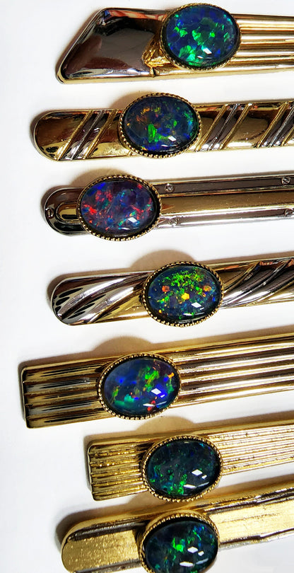 04214.0 - One Two Tone Coloured Tiebar Set with One 8 x 6 mm Oval Cut Opal Triplet Made with Natural Australian White Opal from Coober Pedy