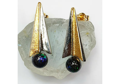 53594.0 - One pair of 25mm Long Gold Plated Sterling Silver Earrings from the 1980's set with 6mm Boulder Opal Beads