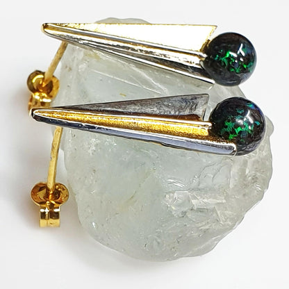 53594.0 - One pair of 25mm Long Gold Plated Sterling Silver Earrings from the 1980's set with 6mm Boulder Opal Beads