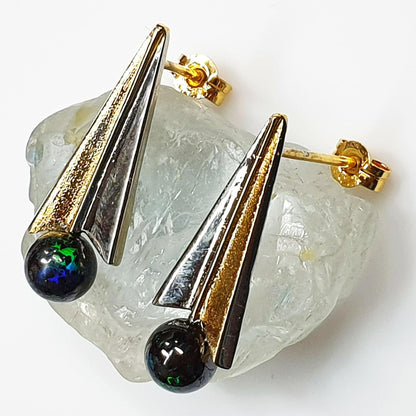 53594.0 - One pair of 25mm Long Gold Plated Sterling Silver Earrings from the 1980's set with 6mm Boulder Opal Beads