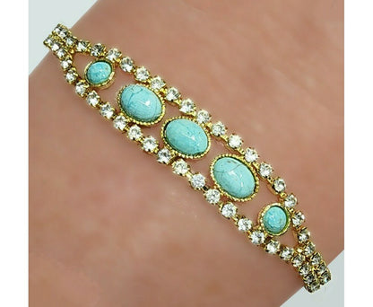 53650.0 - 17.0 cm or 18.5 cm Natural Australian Turquoise and Rhinestone Bracelet with 2 round 4 mm and 3 oval 7x5 mm Turquoise for sale