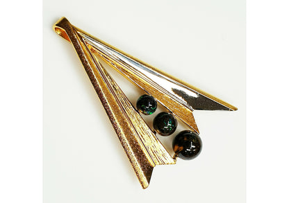 53595.0 - 55 mm High and 40 mm Wide Gold Plated Sterling Silver Pendant with Three Australian Boulder Opal Beads of 6 mm and 7 mm and 9 mm