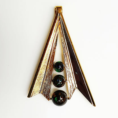 53595.0 - 55 mm High and 40 mm Wide Gold Plated Sterling Silver Pendant with Three Australian Boulder Opal Beads of 6 mm and 7 mm and 9 mm
