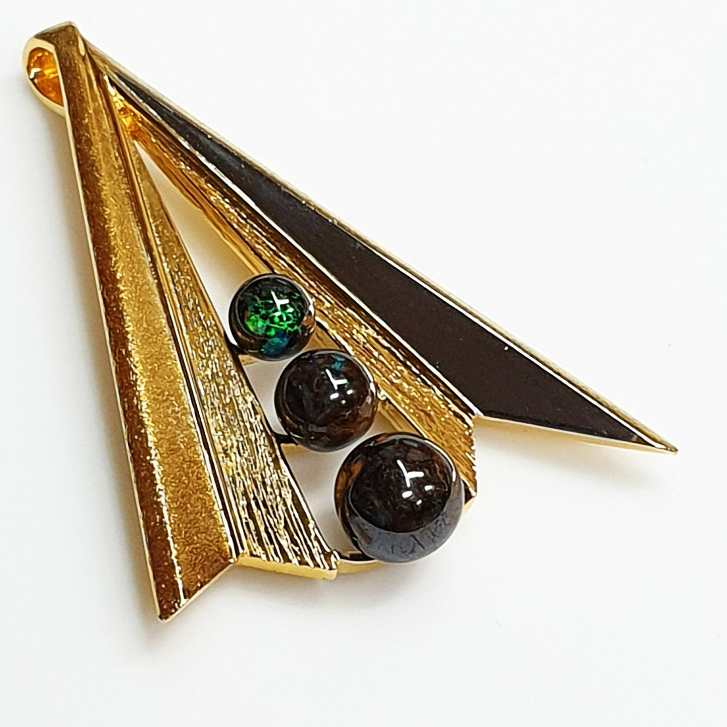 53595.0 - 55 mm High and 40 mm Wide Gold Plated Sterling Silver Pendant with Three Australian Boulder Opal Beads of 6 mm and 7 mm and 9 mm