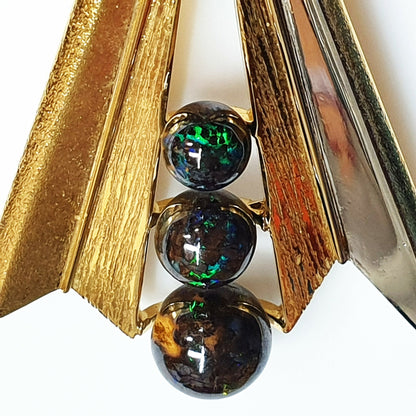 53595.0 - 55 mm High and 40 mm Wide Gold Plated Sterling Silver Pendant with Three Australian Boulder Opal Beads of 6 mm and 7 mm and 9 mm