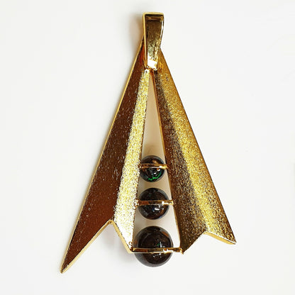 53595.0 - 55 mm High and 40 mm Wide Gold Plated Sterling Silver Pendant with Three Australian Boulder Opal Beads of 6 mm and 7 mm and 9 mm