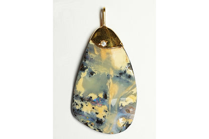 53520.0 - Free Cut Boulder Opal + CZ in Silverform's Pure Silver Gold Plated Setting 57 mm High and 30 mm Wide Total Weight is 66.33 Carats