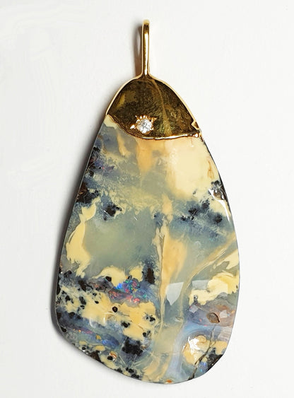 53520.0 - Free Cut Boulder Opal + CZ in Silverform's Pure Silver Gold Plated Setting 57 mm High and 30 mm Wide Total Weight is 66.33 Carats