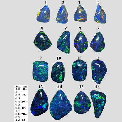 13386.0 - Free shape Opal Triplets made from natural Australian Opal for sale Blue green colour Sizes range from 13 x 24 mm up to 9 x 17 mm