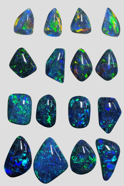 13386.0 - Free shape Opal Triplets made from natural Australian Opal for sale Blue green colour Sizes range from 13 x 24 mm up to 9 x 17 mm