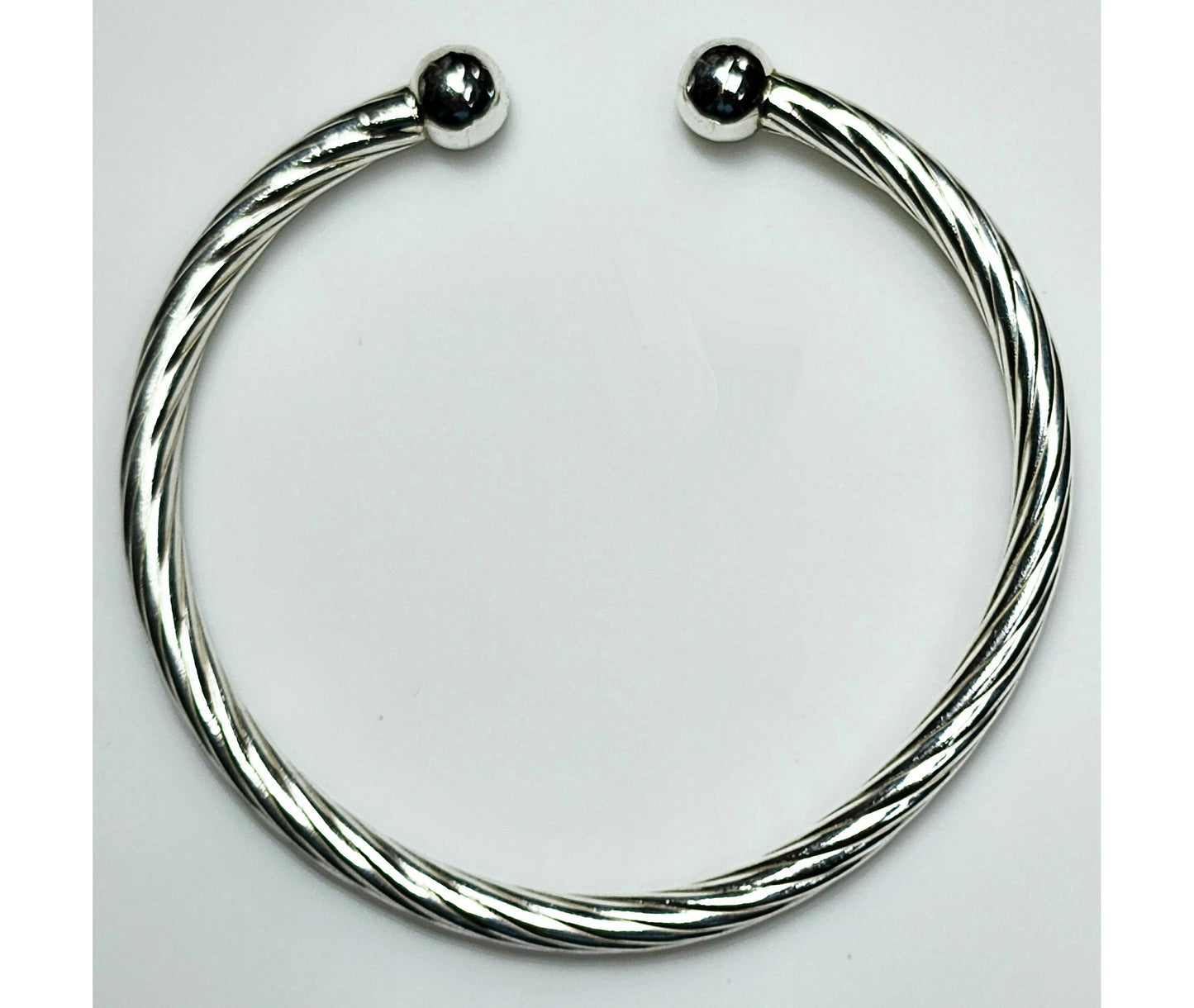 11914.0 - Sterling Silver Twisted 5 mm Tube Cuff Bangle with Ball at each end 66 mm Internal Diameter 11.3 grams