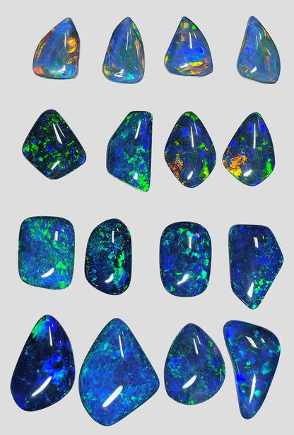 13386.0 - Free shape Opal Triplets made from natural Australian Opal for sale Blue green colour Sizes range from 13 x 24 mm up to 9 x 17 mm