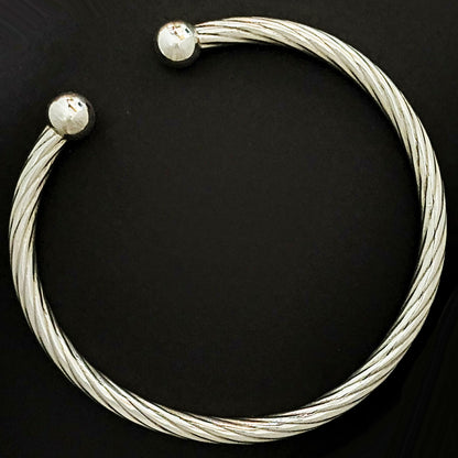 11914.0 - Sterling Silver Twisted 5 mm Tube Cuff Bangle with Ball at each end 66 mm Internal Diameter 11.3 grams