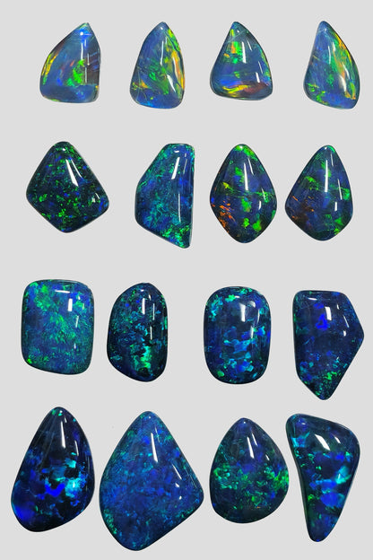 13386.0 - Free shape Opal Triplets made from natural Australian Opal for sale Blue green colour Sizes range from 13 x 24 mm up to 9 x 17 mm