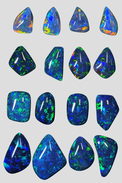 13386.0 - Free shape Opal Triplets made from natural Australian Opal for sale Blue green colour Sizes range from 13 x 24 mm up to 9 x 17 mm