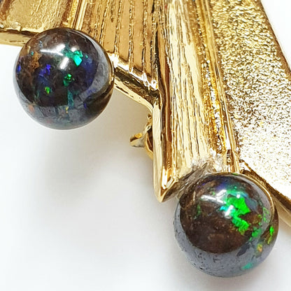 53596.0 - 65 mm High and 20 mm Wide Gold Plated Sterling Silver Brooch set with Two 6 mm Australian Boulder Opal Beads Wearable as pendant