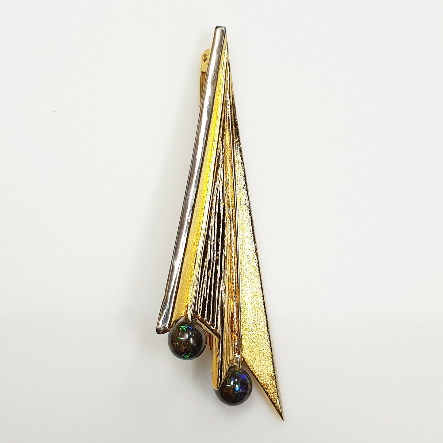 53596.0 - 65 mm High and 20 mm Wide Gold Plated Sterling Silver Brooch set with Two 6 mm Australian Boulder Opal Beads Wearable as pendant