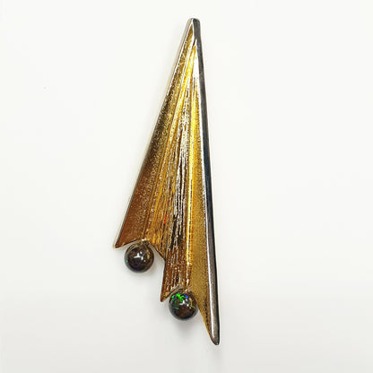53596.0 - 65 mm High and 20 mm Wide Gold Plated Sterling Silver Brooch set with Two 6 mm Australian Boulder Opal Beads Wearable as pendant