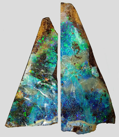 53474.0 - Matching Pair Australian Split Boulder Opal Specimens Queensland 90 cm High and 45 cm Wide 425 Grams Blue and Green Colours
