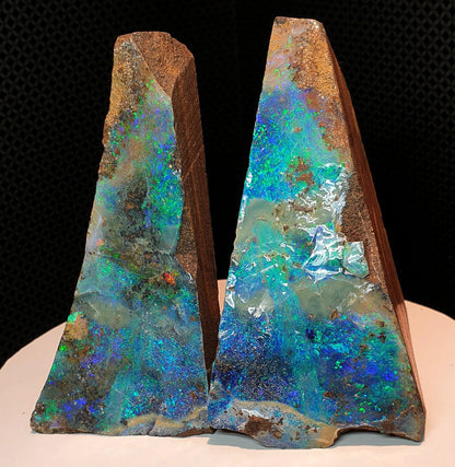 53474.0 - Matching Pair Australian Split Boulder Opal Specimens Queensland 90 cm High and 45 cm Wide 425 Grams Blue and Green Colours