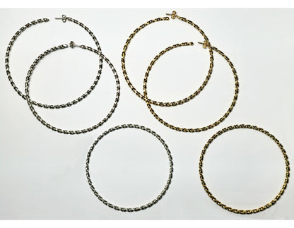 08783 - Very large twisted wire style Sterling Silver Earrings and Bangles 65 mm Internal diameter 7 gr EACH piece Also in S/S GOLD PLATED