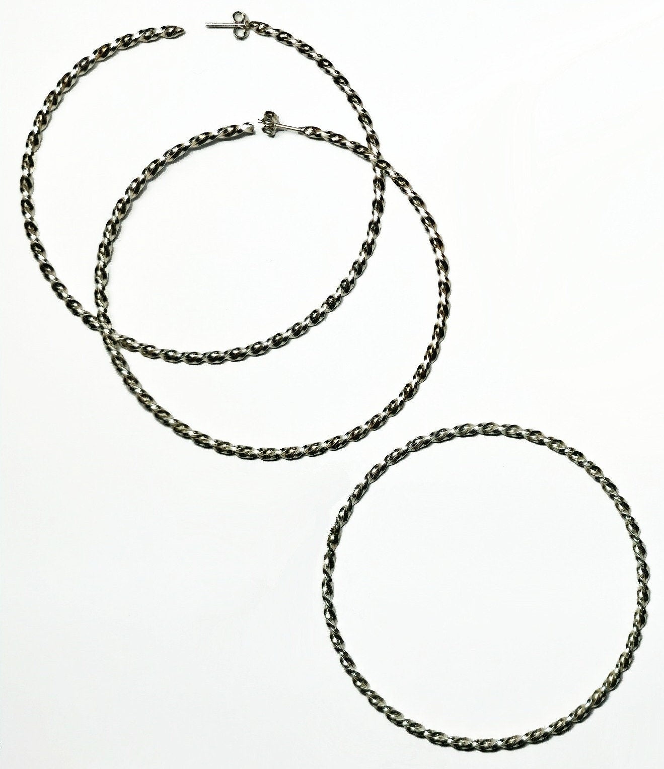 08783 - Very large twisted wire style Sterling Silver Earrings and Bangles 65 mm Internal diameter 7 gr EACH piece Also in S/S GOLD PLATED