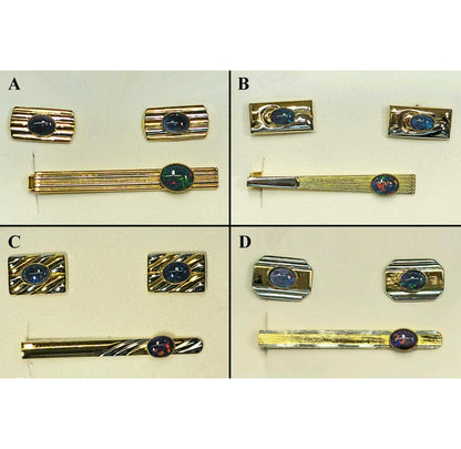 54163.0 - Choice of four sets of Gold Plated Pair of Cuff Links and Tie Bar Set with genuine Australian Opal Triplets made from Natural Opal