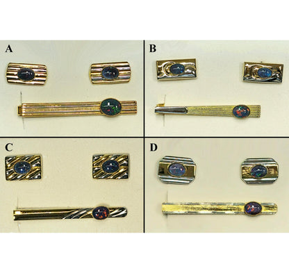 54163.0 - Choice of four sets of Gold Plated Pair of Cuff Links and Tie Bar Set with genuine Australian Opal Triplets made from Natural Opal