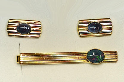 54163.0 - Choice of four sets of Gold Plated Pair of Cuff Links and Tie Bar Set with genuine Australian Opal Triplets made from Natural Opal