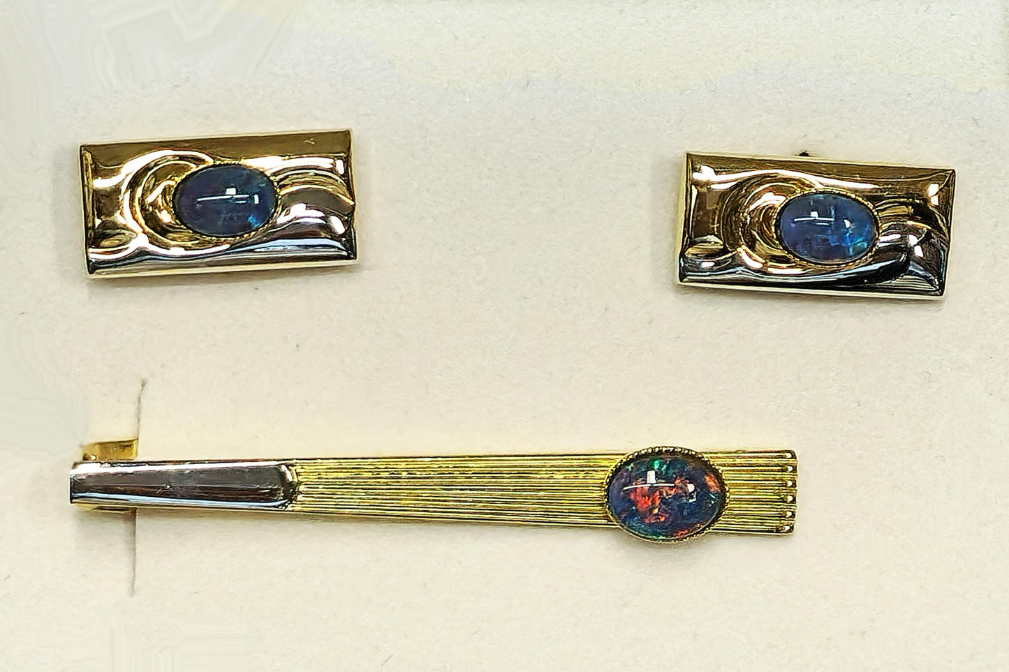 54163.0 - Choice of four sets of Gold Plated Pair of Cuff Links and Tie Bar Set with genuine Australian Opal Triplets made from Natural Opal