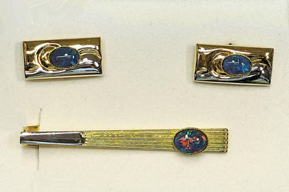54163.0 - Choice of four sets of Gold Plated Pair of Cuff Links and Tie Bar Set with genuine Australian Opal Triplets made from Natural Opal