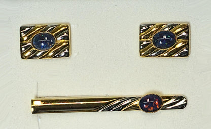 54163.0 - Choice of four sets of Gold Plated Pair of Cuff Links and Tie Bar Set with genuine Australian Opal Triplets made from Natural Opal