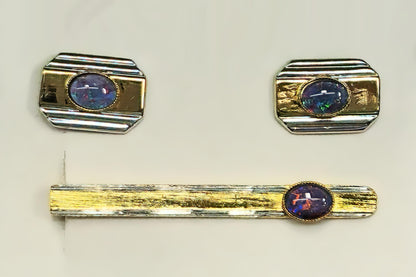 54163.0 - Choice of four sets of Gold Plated Pair of Cuff Links and Tie Bar Set with genuine Australian Opal Triplets made from Natural Opal