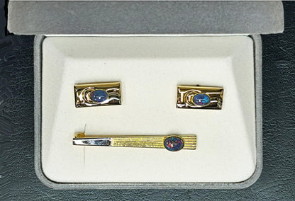 54163.0 - Choice of four sets of Gold Plated Pair of Cuff Links and Tie Bar Set with genuine Australian Opal Triplets made from Natural Opal