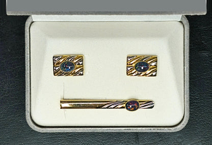 54163.0 - Choice of four sets of Gold Plated Pair of Cuff Links and Tie Bar Set with genuine Australian Opal Triplets made from Natural Opal