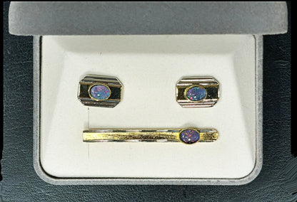 54163.0 - Choice of four sets of Gold Plated Pair of Cuff Links and Tie Bar Set with genuine Australian Opal Triplets made from Natural Opal
