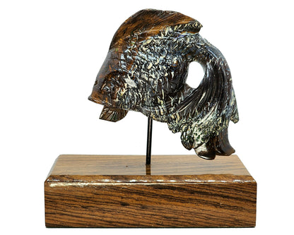 03754.1 - Australian Boulder Opal Carving Thai Fighting Fish mounted on a Block of Wood 189 grams 100 mm Wide x 100 mm High x 50 mm Deep