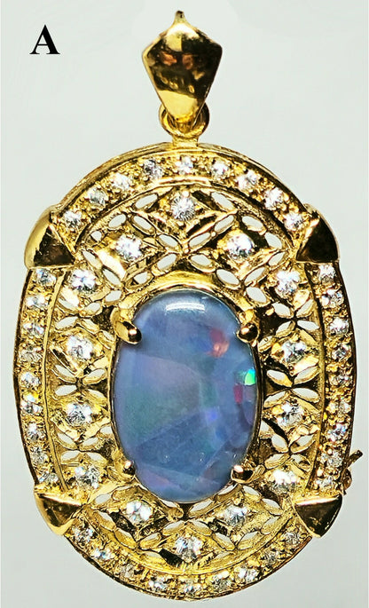 02915.0 - 45 mm Sterling Silver Gold Plated Filigree style Combination Pendant and Brooch Set with Natural Australian Opal Triplet and CZ