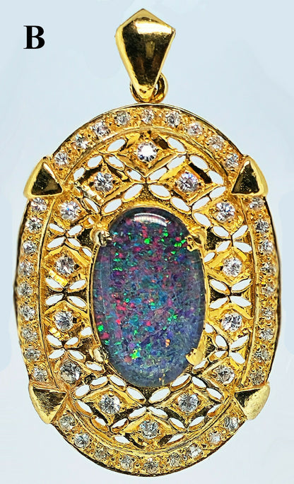02915.0 - 45 mm Sterling Silver Gold Plated Filigree style Combination Pendant and Brooch Set with Natural Australian Opal Triplet and CZ