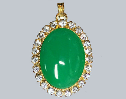 01524.0 - ONE ONLY Gold Plated Pendant set with one 18 x 13 mm Oval Cut Natural Australian Chrysoprase & Surrounded by Rhinestones
